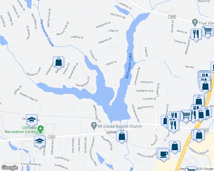 map of restaurants, bars, coffee shops, grocery stores, and more near 442 Lands End Road in Fayetteville