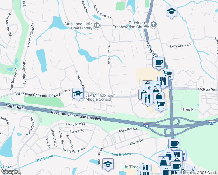 map of restaurants, bars, coffee shops, grocery stores, and more near 10600 Annalexa Lane in Charlotte