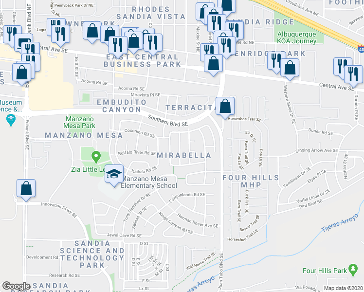 map of restaurants, bars, coffee shops, grocery stores, and more near 516 Sawtooth Street Southeast in Albuquerque