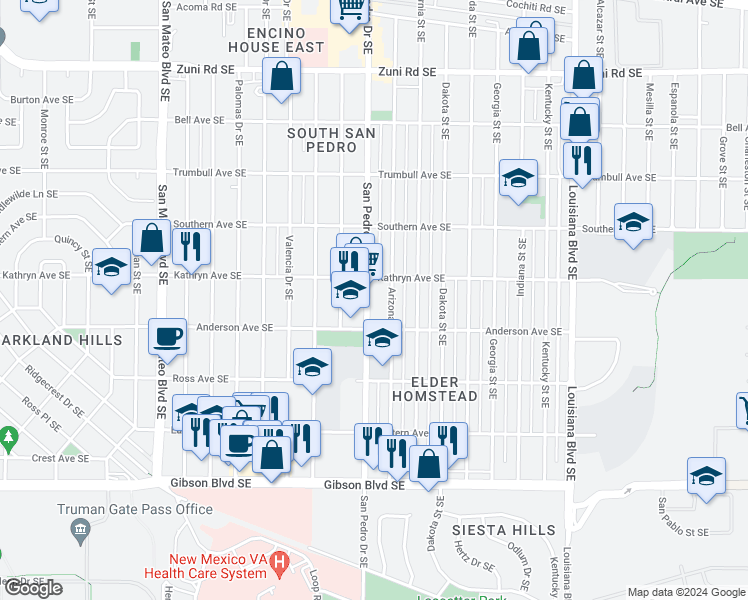map of restaurants, bars, coffee shops, grocery stores, and more near 828 Arizona Street Southeast in Albuquerque