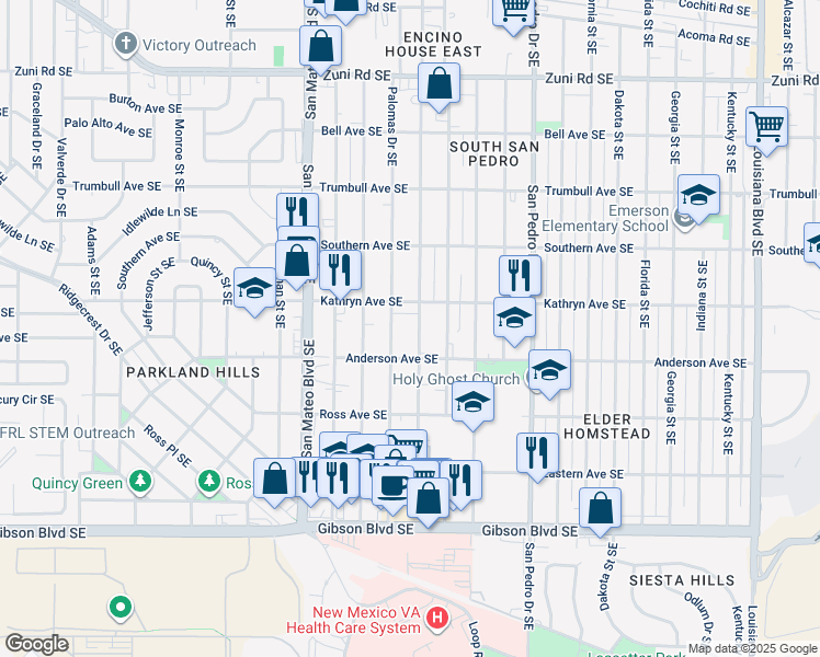 map of restaurants, bars, coffee shops, grocery stores, and more near 1038 Palomas Drive Southeast in Albuquerque