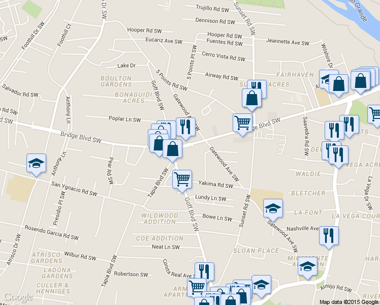 map of restaurants, bars, coffee shops, grocery stores, and more near 1030 Goff Boulevard Southwest in Albuquerque