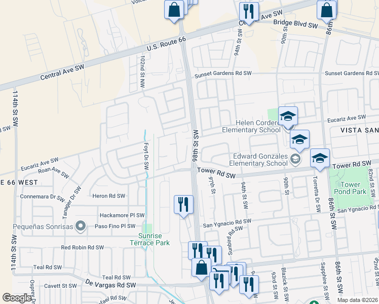 map of restaurants, bars, coffee shops, grocery stores, and more near in Albuquerque