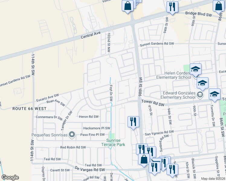 map of restaurants, bars, coffee shops, grocery stores, and more near 10305 Ongais Avenue Southwest in Albuquerque