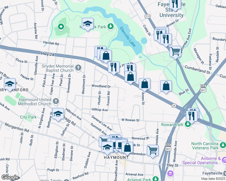 map of restaurants, bars, coffee shops, grocery stores, and more near 603 Forest Road in Fayetteville