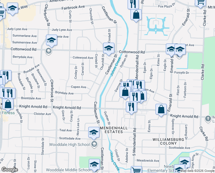 map of restaurants, bars, coffee shops, grocery stores, and more near 3103 Dothan Street in Memphis