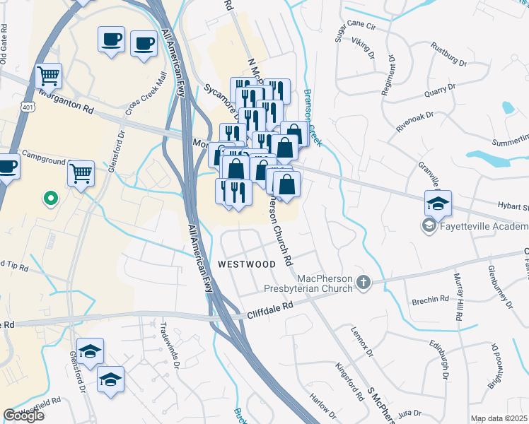 map of restaurants, bars, coffee shops, grocery stores, and more near 200 South McPherson Church Road in Fayetteville