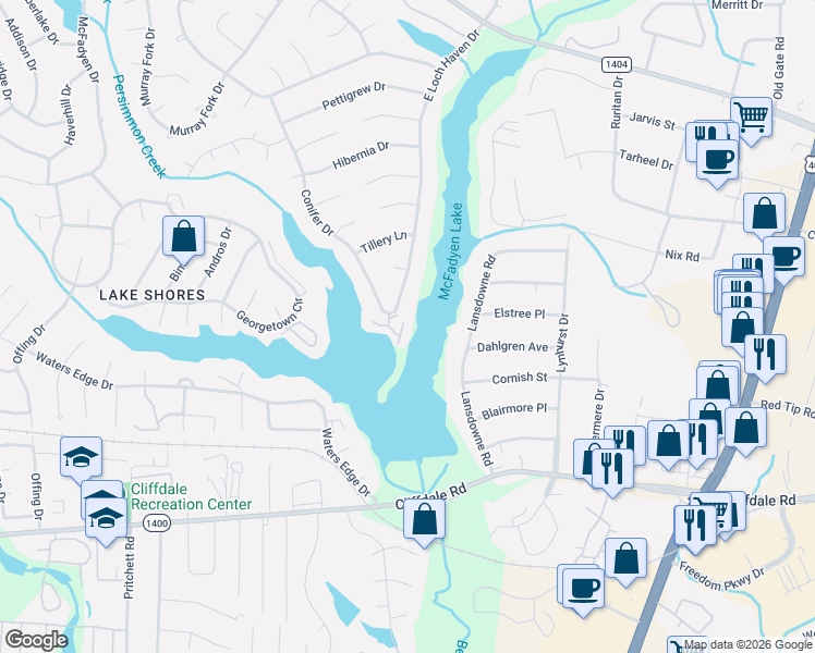 map of restaurants, bars, coffee shops, grocery stores, and more near 433 Lands End Road in Fayetteville