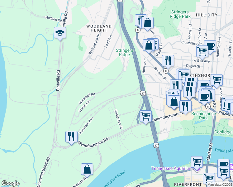 map of restaurants, bars, coffee shops, grocery stores, and more near 119 Whitehall Road in Chattanooga