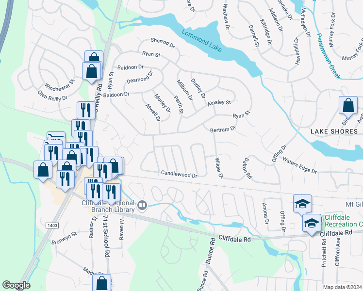 map of restaurants, bars, coffee shops, grocery stores, and more near 6960 Timberwood Drive in Fayetteville