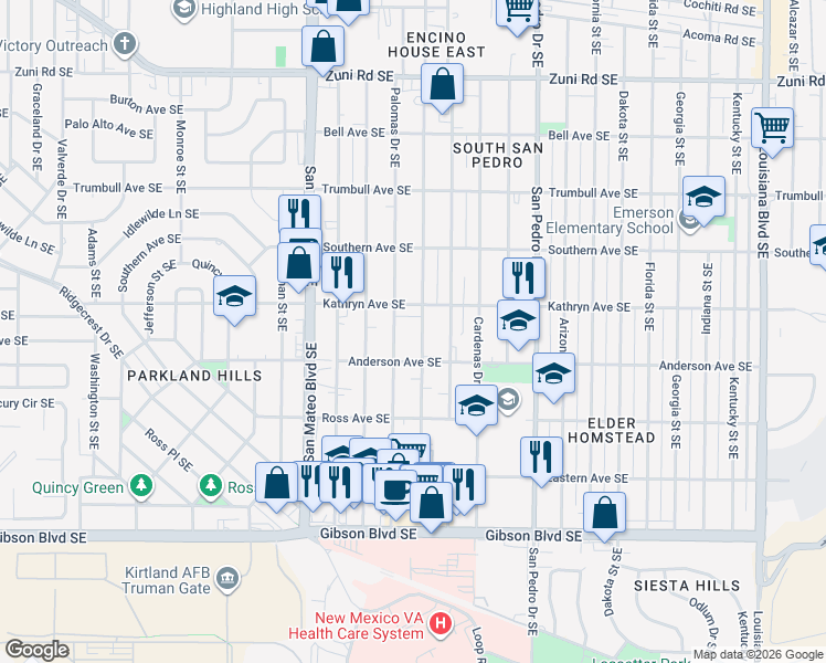 map of restaurants, bars, coffee shops, grocery stores, and more near 1038 Palomas Drive Southeast in Albuquerque