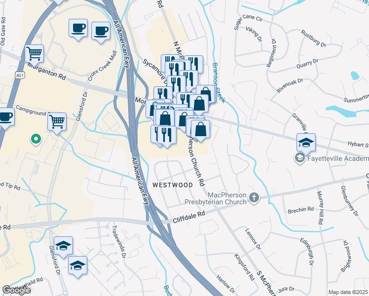 map of restaurants, bars, coffee shops, grocery stores, and more near 200 South McPherson Church Road in Fayetteville