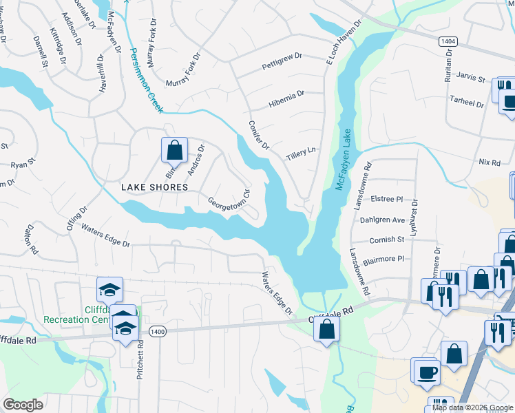 map of restaurants, bars, coffee shops, grocery stores, and more near 3326 Harbour Pointe Place in Fayetteville
