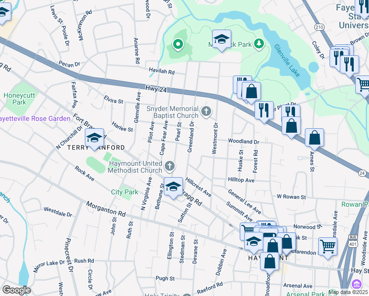 map of restaurants, bars, coffee shops, grocery stores, and more near 1601 Manchester Street in Fayetteville