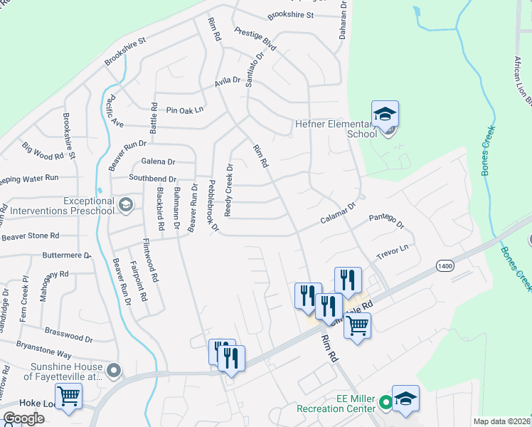 map of restaurants, bars, coffee shops, grocery stores, and more near 7212 Reedy Creek Drive in Fayetteville