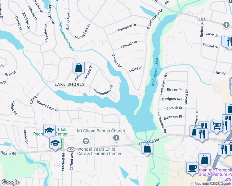 map of restaurants, bars, coffee shops, grocery stores, and more near 3340 Harbour Pointe Place in Fayetteville