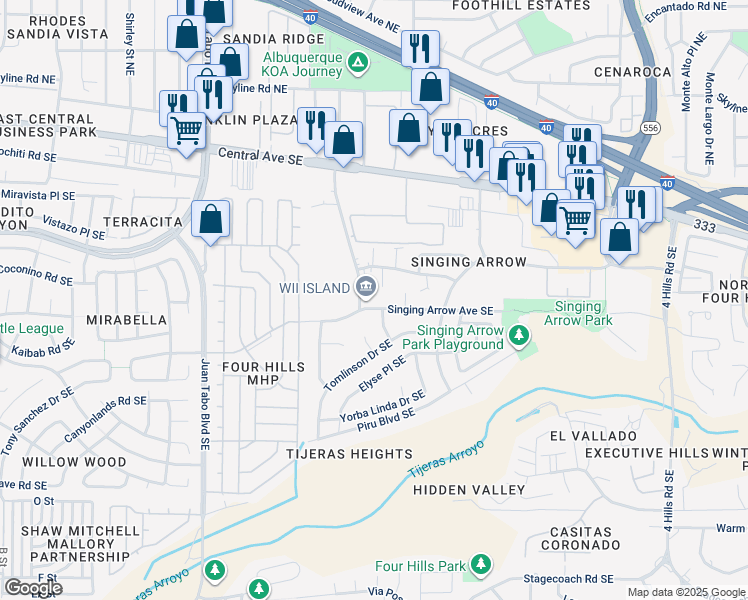 map of restaurants, bars, coffee shops, grocery stores, and more near 12609 Singing Arrow Avenue Southeast in Albuquerque