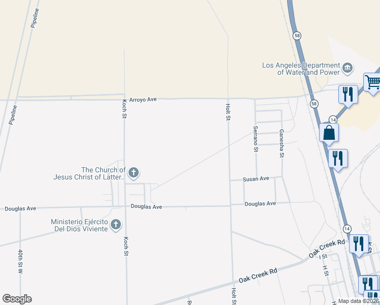 map of restaurants, bars, coffee shops, grocery stores, and more near 16592 Sarah Street in Mojave