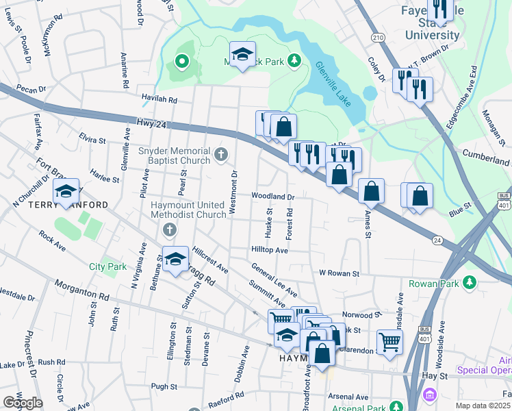 map of restaurants, bars, coffee shops, grocery stores, and more near 610 Martine Road in Fayetteville