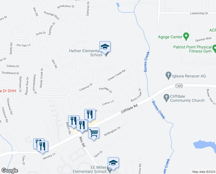 map of restaurants, bars, coffee shops, grocery stores, and more near 7070 Pantego Drive in Fayetteville