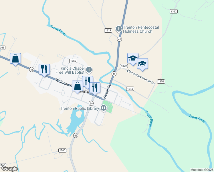 map of restaurants, bars, coffee shops, grocery stores, and more near North Weber Street in Trenton