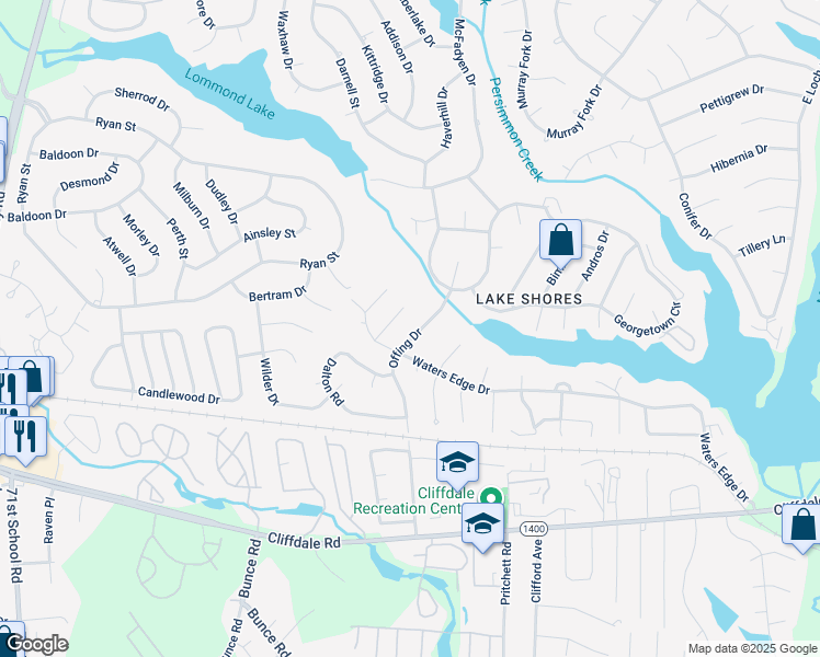 map of restaurants, bars, coffee shops, grocery stores, and more near 365 Offing Drive in Fayetteville