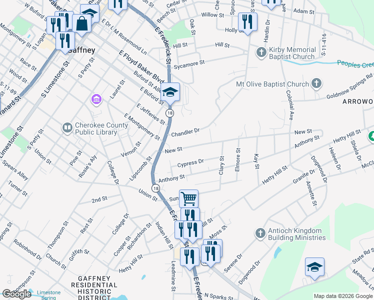 map of restaurants, bars, coffee shops, grocery stores, and more near 131 New Street in Gaffney
