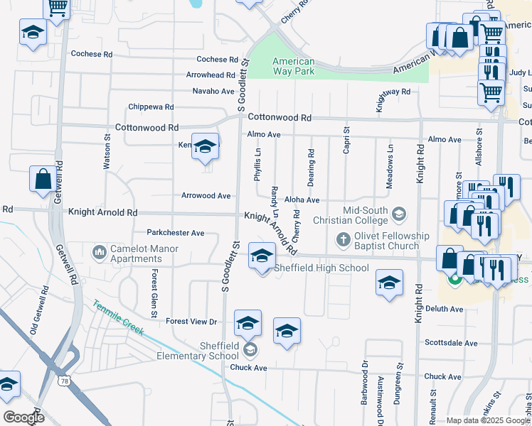 map of restaurants, bars, coffee shops, grocery stores, and more near 4306 Knight Arnold Road in Memphis