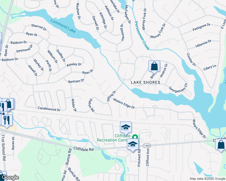 map of restaurants, bars, coffee shops, grocery stores, and more near 365 Offing Drive in Fayetteville