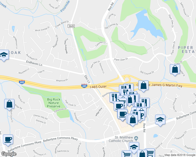 map of restaurants, bars, coffee shops, grocery stores, and more near 5548 Piper Glen Drive in Charlotte