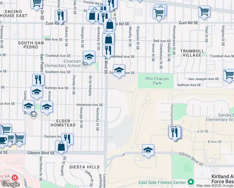 map of restaurants, bars, coffee shops, grocery stores, and more near 800 Louisiana Boulevard Southeast in Albuquerque