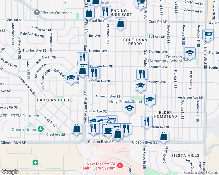 map of restaurants, bars, coffee shops, grocery stores, and more near 5708 Kathryn Avenue Southeast in Albuquerque