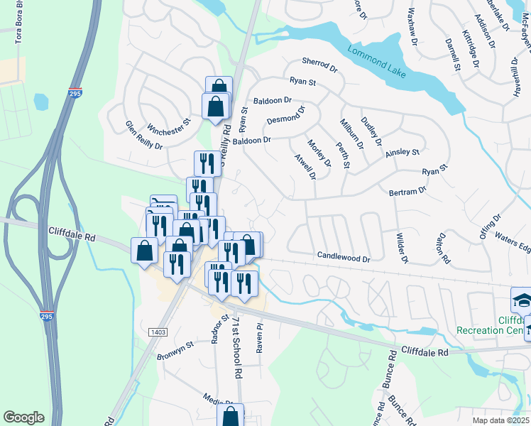 map of restaurants, bars, coffee shops, grocery stores, and more near 416 Northumberland Street in Fayetteville