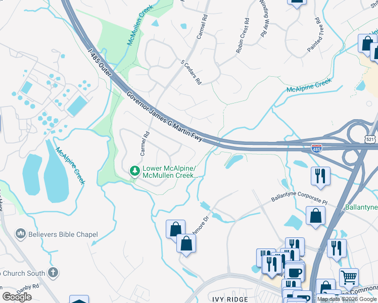 map of restaurants, bars, coffee shops, grocery stores, and more near 11413 Vista Haven Drive in Charlotte