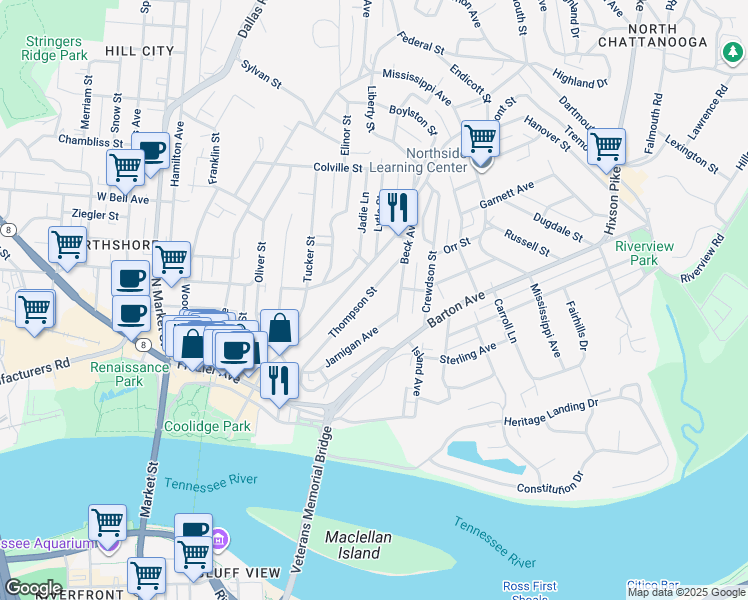 map of restaurants, bars, coffee shops, grocery stores, and more near 414 Thompson Street in Chattanooga