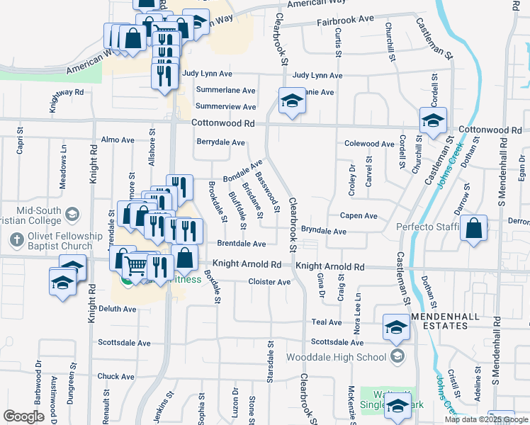map of restaurants, bars, coffee shops, grocery stores, and more near 3050 Basswood Street in Memphis