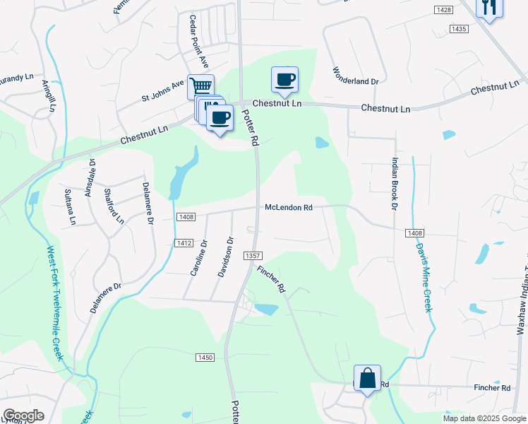 map of restaurants, bars, coffee shops, grocery stores, and more near 5901 Potter Road in Matthews