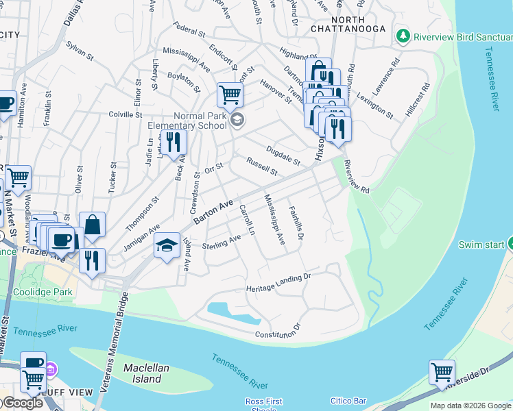 map of restaurants, bars, coffee shops, grocery stores, and more near 609 Young Avenue in Chattanooga