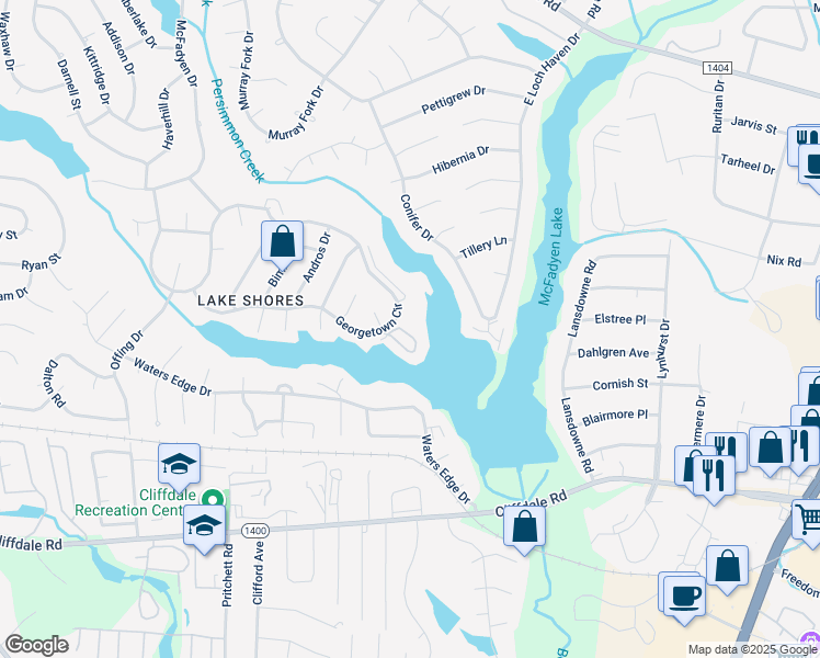 map of restaurants, bars, coffee shops, grocery stores, and more near 3342 Harbour Pointe Place in Fayetteville