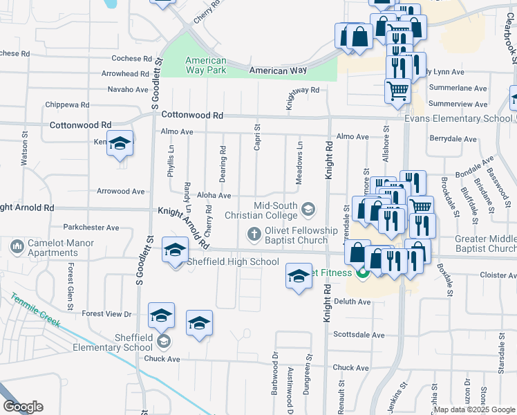map of restaurants, bars, coffee shops, grocery stores, and more near 3078 Capri Street in Memphis