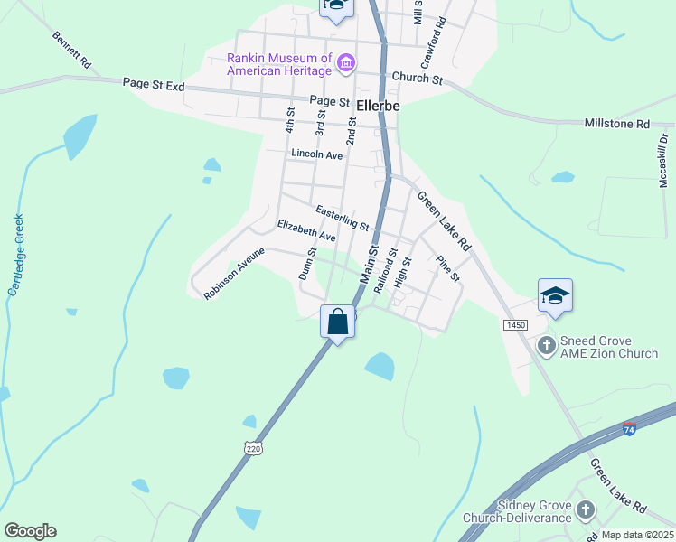map of restaurants, bars, coffee shops, grocery stores, and more near 101 Park Street in Ellerbe