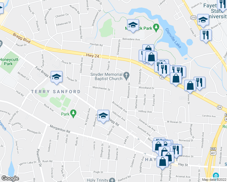 map of restaurants, bars, coffee shops, grocery stores, and more near 1601 Manchester Street in Fayetteville