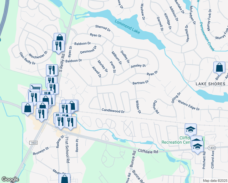 map of restaurants, bars, coffee shops, grocery stores, and more near 6964 Timberwood Drive in Fayetteville