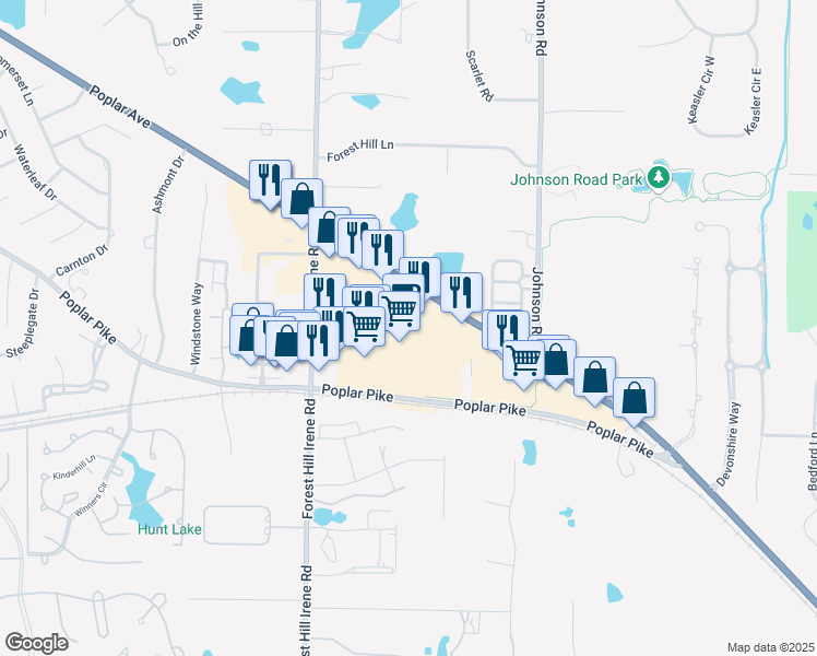 map of restaurants, bars, coffee shops, grocery stores, and more near 9235 Poplar Avenue in Germantown