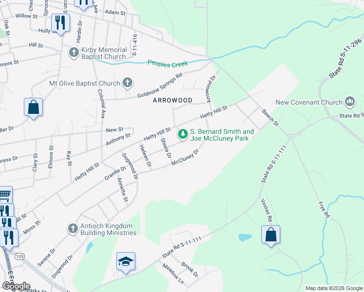 map of restaurants, bars, coffee shops, grocery stores, and more near 505 Granite Drive in Gaffney