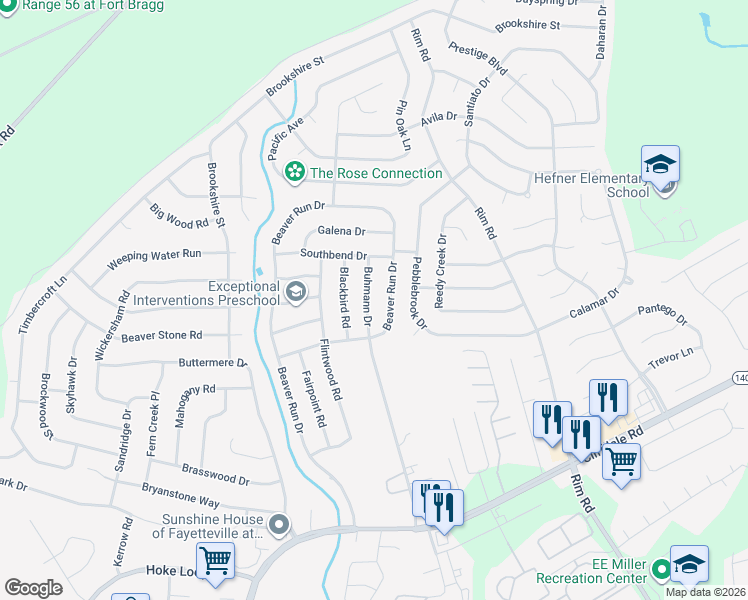 map of restaurants, bars, coffee shops, grocery stores, and more near 259 Buhman Road in Fayetteville