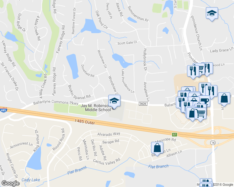 map of restaurants, bars, coffee shops, grocery stores, and more near 10339 Woodview Circle in Charlotte