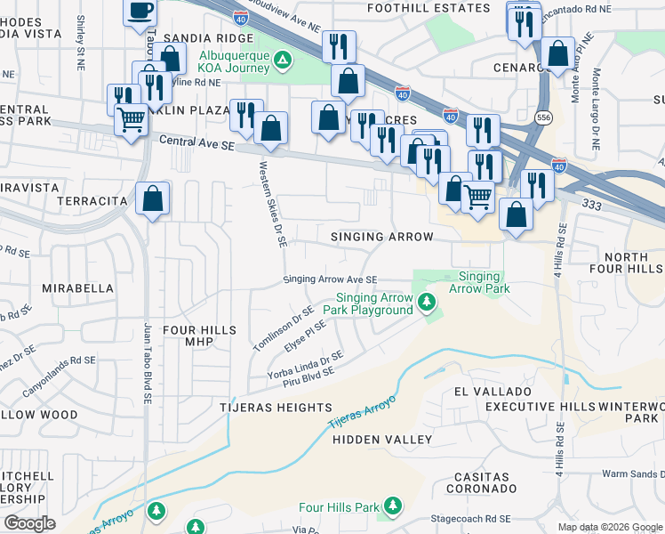 map of restaurants, bars, coffee shops, grocery stores, and more near 12724 Dunes Road Southeast in Albuquerque