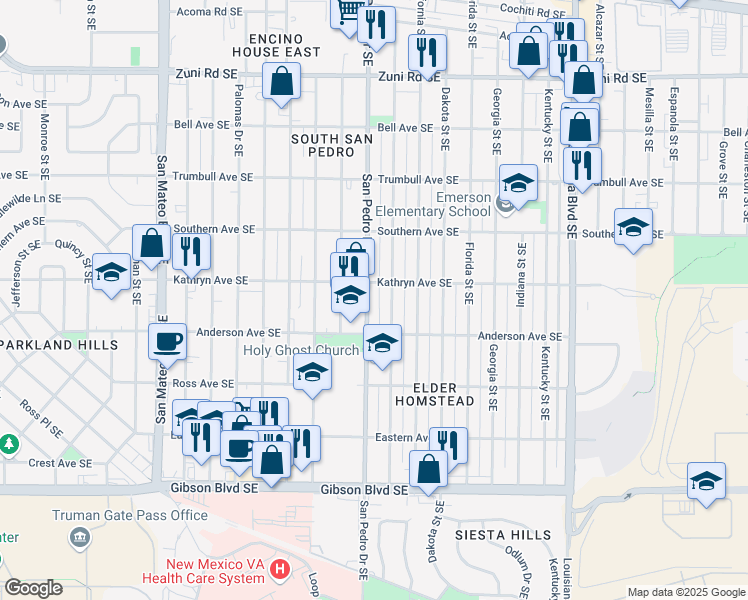 map of restaurants, bars, coffee shops, grocery stores, and more near 737 Arizona Street Southeast in Albuquerque