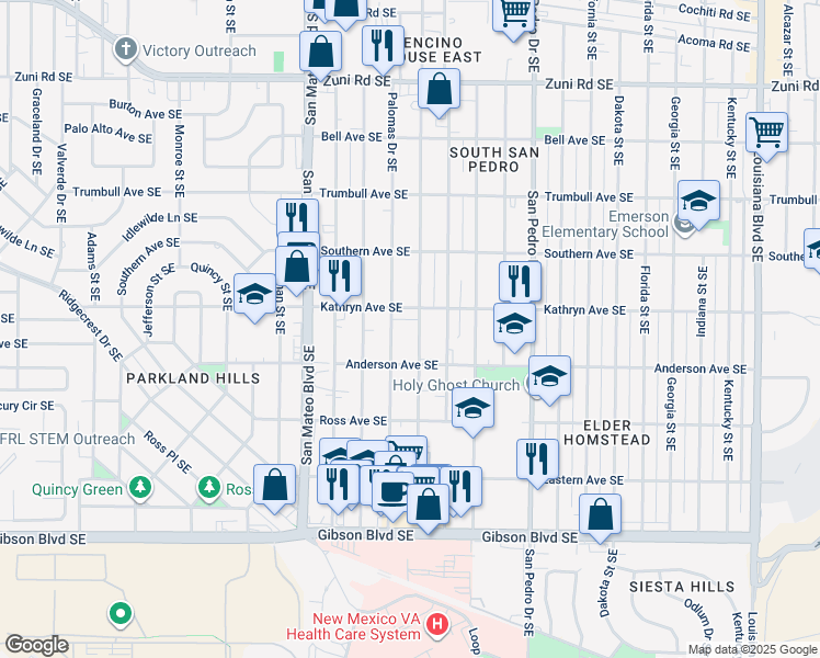 map of restaurants, bars, coffee shops, grocery stores, and more near 5708 Kathryn Avenue Southeast in Albuquerque